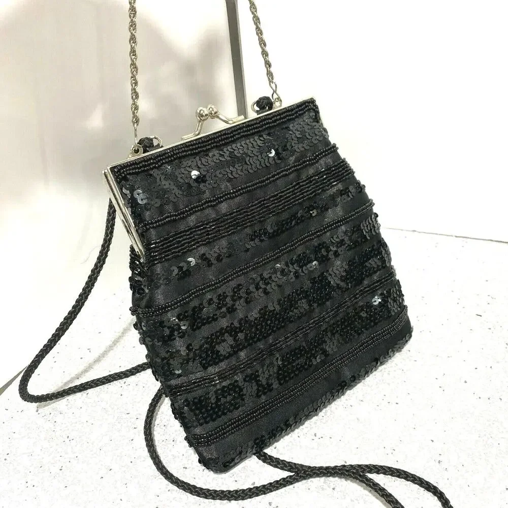 Vintage 90's La Regale Black Satin Evening Bag Converts to Elegant Clutch Purse